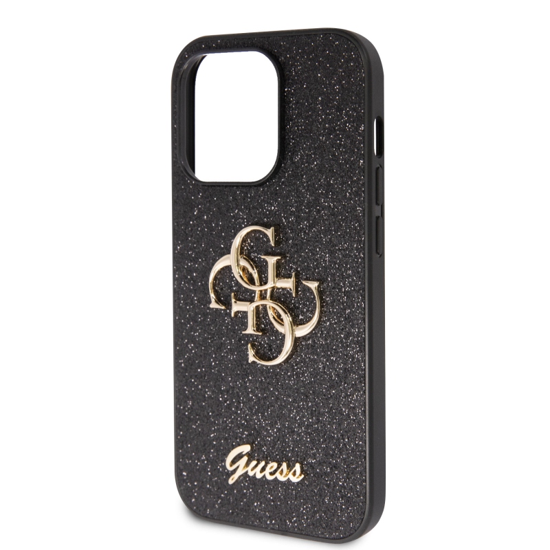 Guess PU Fixed Glitter 4G fém logó hátlap iPhone 15 Pro Max-hoz fekete