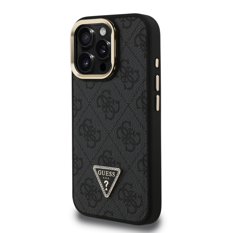 Guess PU 4G Strass háromszög logó állvány kamerakeret MagSafe hátlapi borító iPhone 15 Pro Fekete