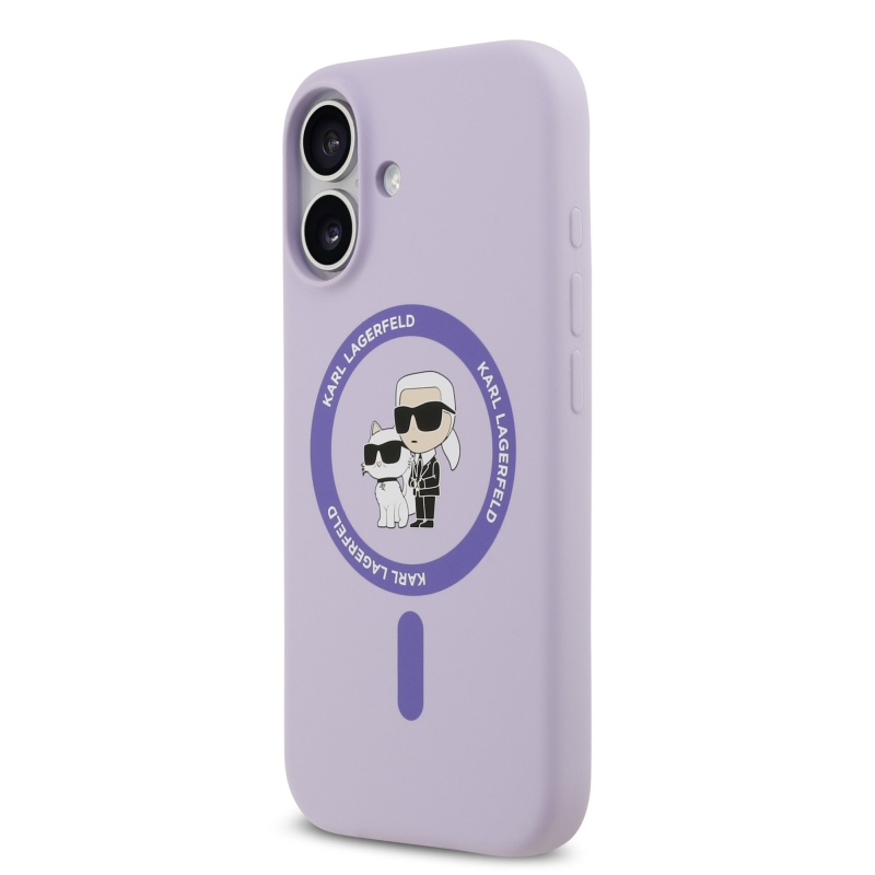 Karl Lagerfeld folyékony szilikon Karl és Choupette MagSafe hátlapi borító iPhone 17 lilára