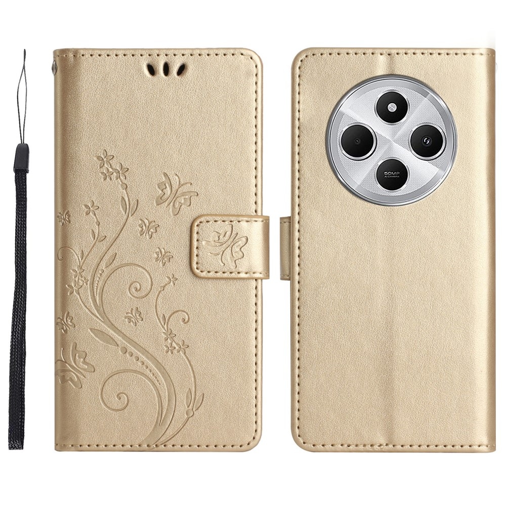 Virágok könyv tok Xiaomi Redmi 14C/Poco C75-hez - arany színben