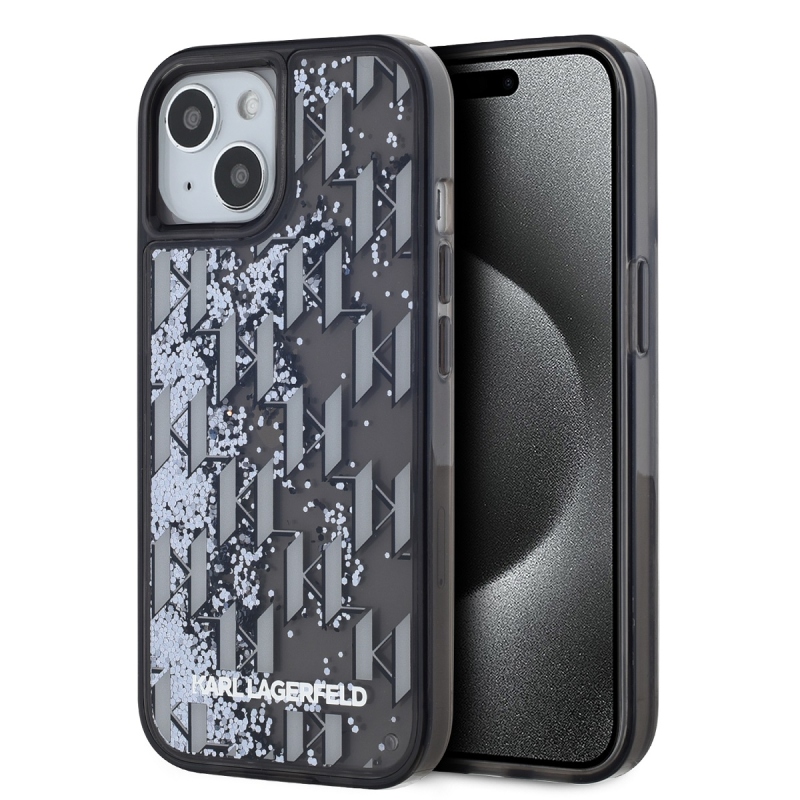 Karl Lagerfeld Folyékony csillámos monogramos, gradiens hátlap iPhone 15-hez Fekete