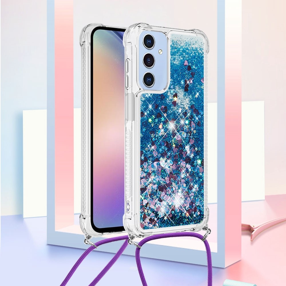 Csillogó homokóra zselés tok húzózsinórral Samsung Galaxy A26 5G - kék/szív