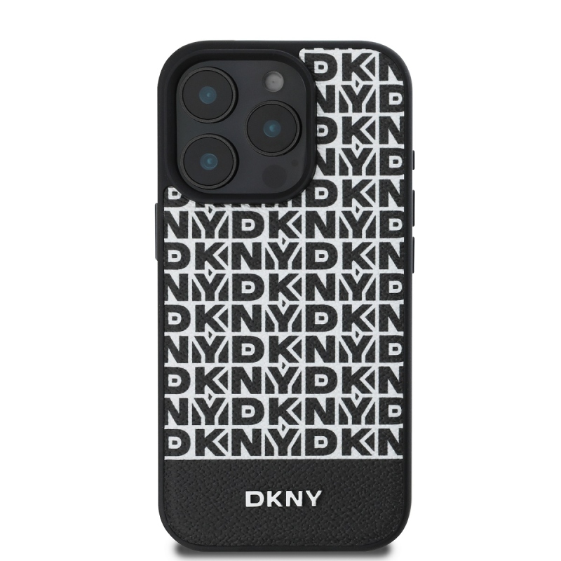 DKNY PU bőr ismétlődő mintás alsó csíkos MagSafe hátlap iPhone 16 Pro Max-hoz Fekete