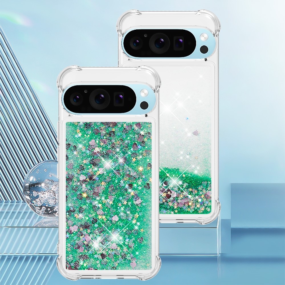 Csillogó homokóra zselés tok Google Pixel 10 Pro/Pixel 10 - zöld/szívek