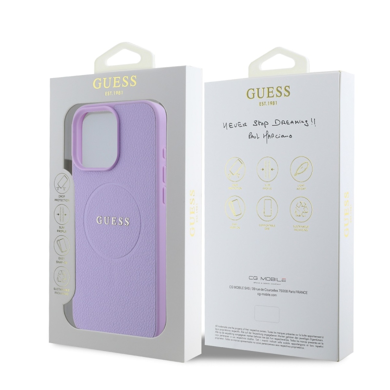 Guess PU szemcsés klasszikus logós MagSafe hátlap az iPhone 16 Pro Max lila 16 Pro Max készülékhez