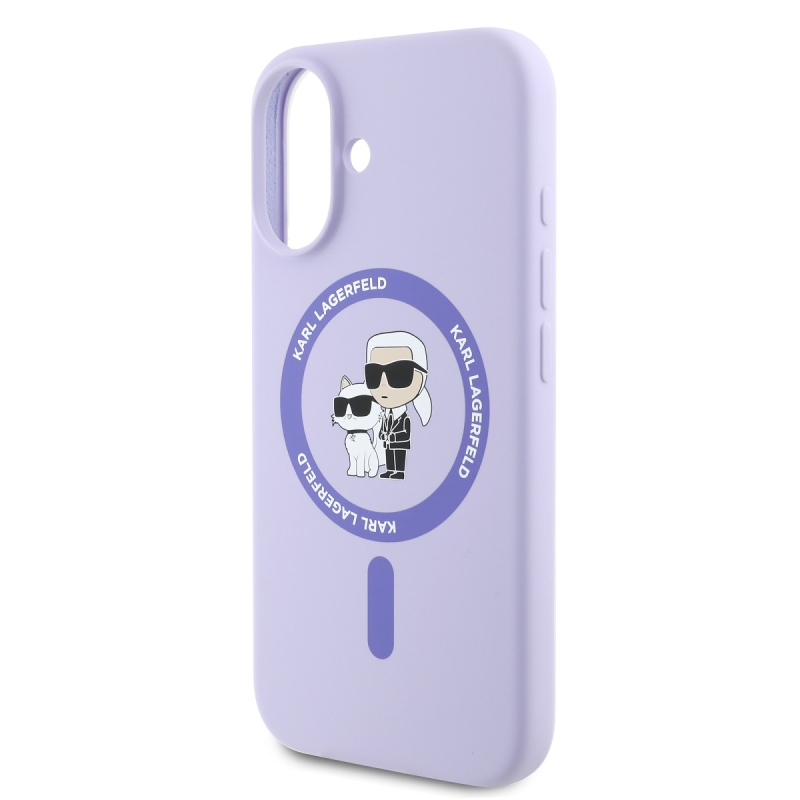 Karl Lagerfeld folyékony szilikon Karl és Choupette MagSafe hátlap iPhone 16 lila iPhone 16-hoz