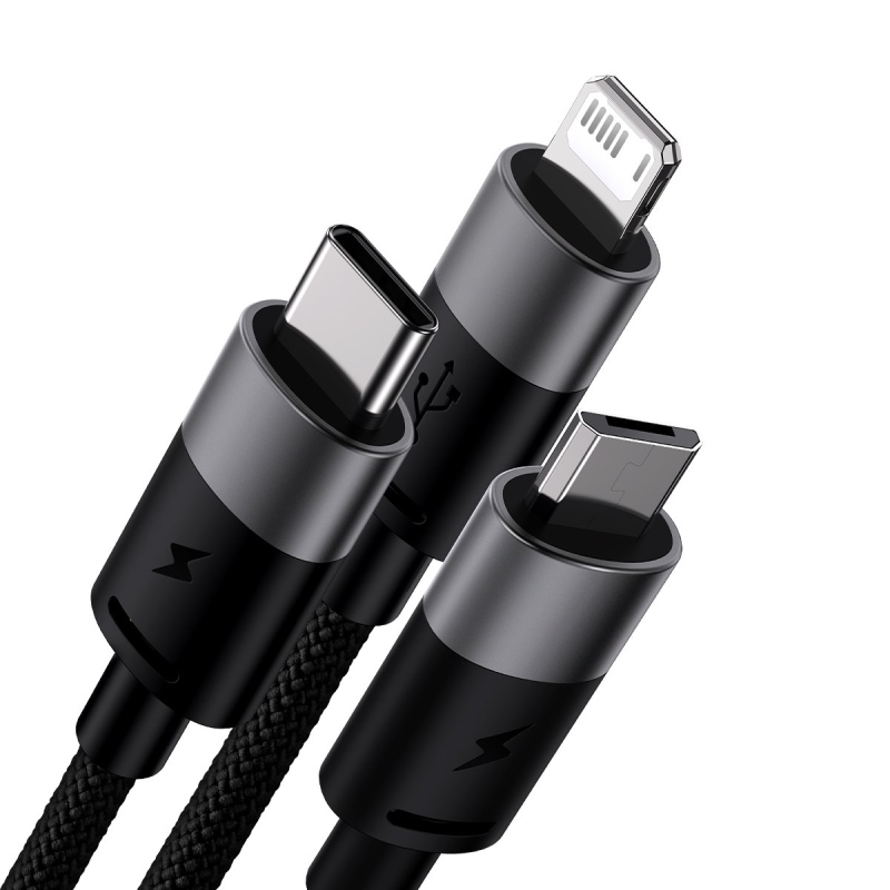 Baseus StarSpeed 3in1 gyors töltő adatkábel USB-A - USB-C/Lighting/MicroUSB 20W 3.5A 1.2m Fekete
