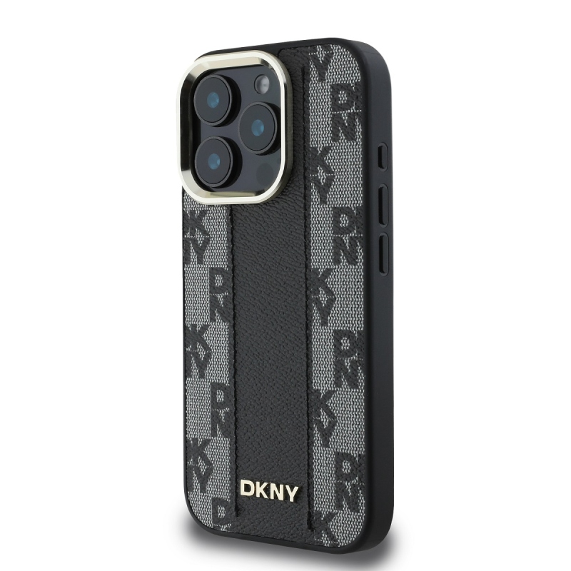 DKNY PU bőr kockás mintás Magsafe hátlap iPhone 16 Pro Fekete