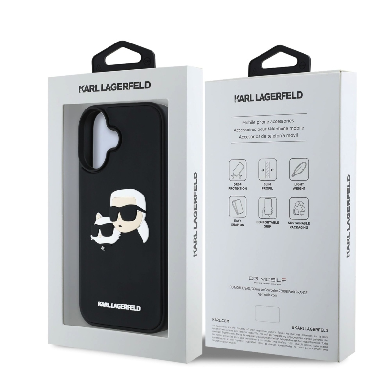 Karl Lagerfeld 3D gumiból készült duplafejű hátlap iPhone 16-hoz Fekete