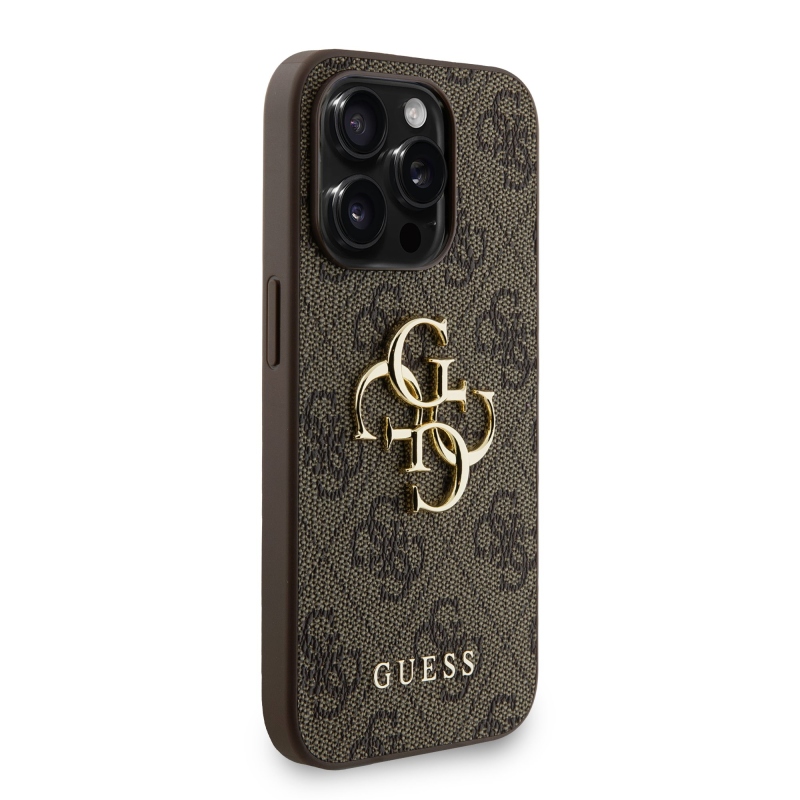 Guess PU 4G fém logós fém pánt hátlap iPhone 15 Pro Max barna színű borítóhoz