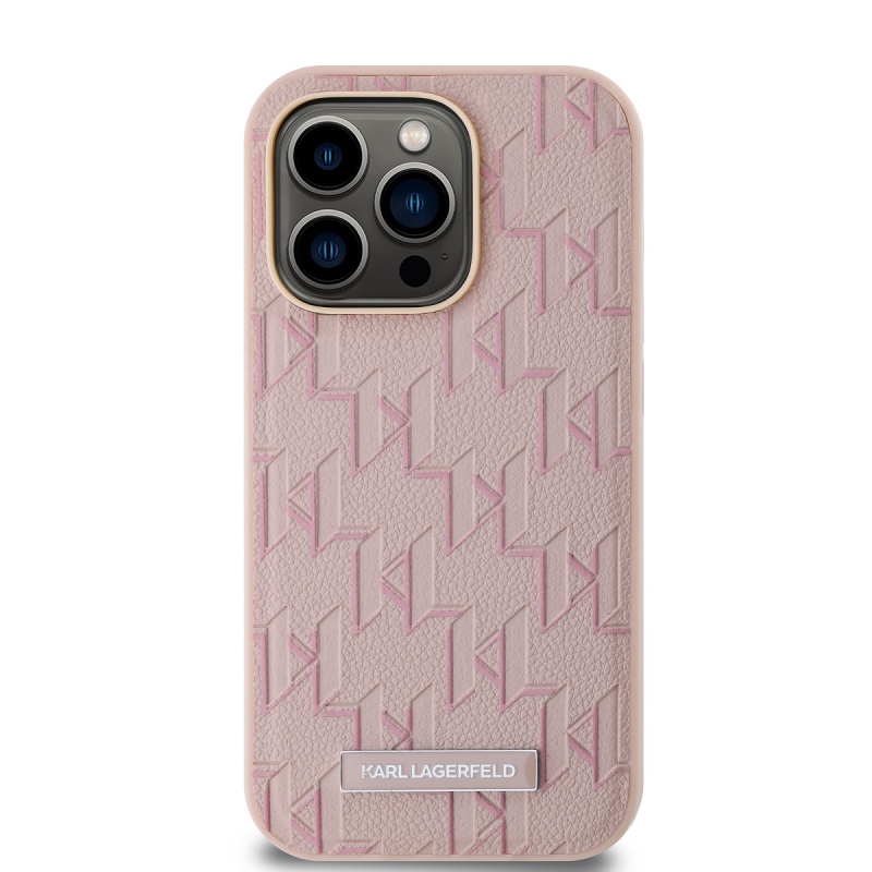 Karl Lagerfeld PU bőr monogram fém logó Magsafe hátlap iPhone 14 Pro Max rózsaszínhez