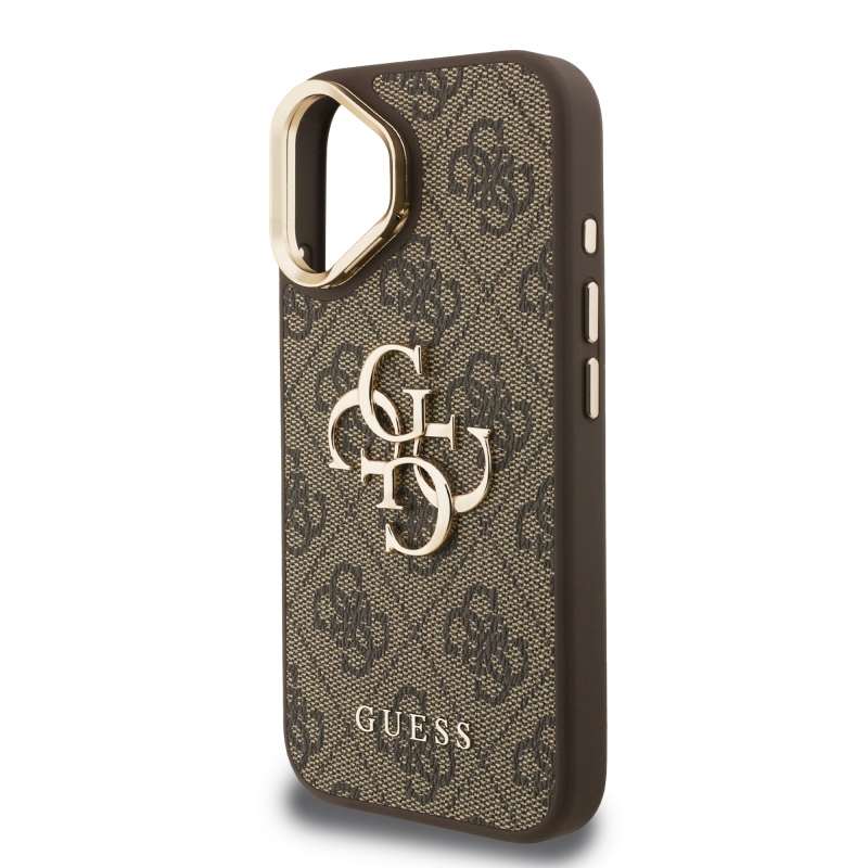 Guess PU 4G fém logó állvány kamera keret hátlap iPhone 16 barna barna