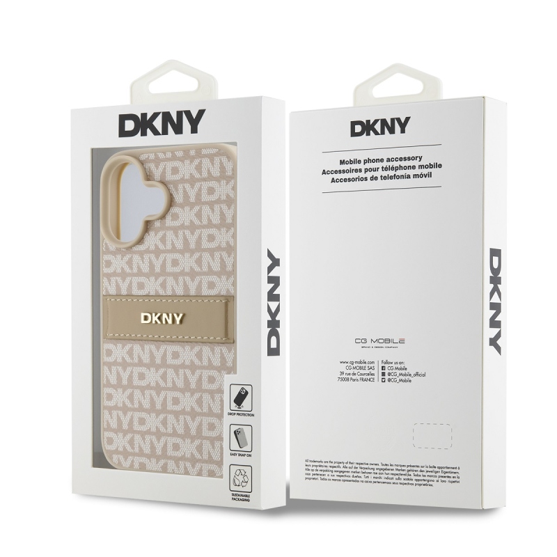 DKNY PU bőr ismétlődő mintás tonális csíkos hátlap iPhone 16 Plus rózsaszínű készülékhez