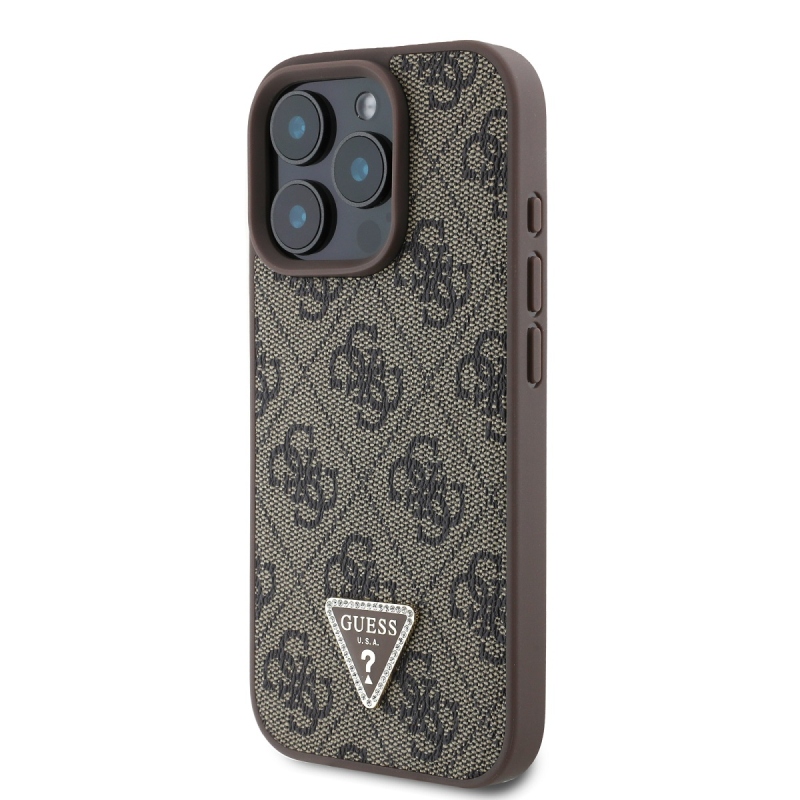 Guess PU 4G Strass háromszög fém logó hátlap iPhone 16 Pro barna színűre