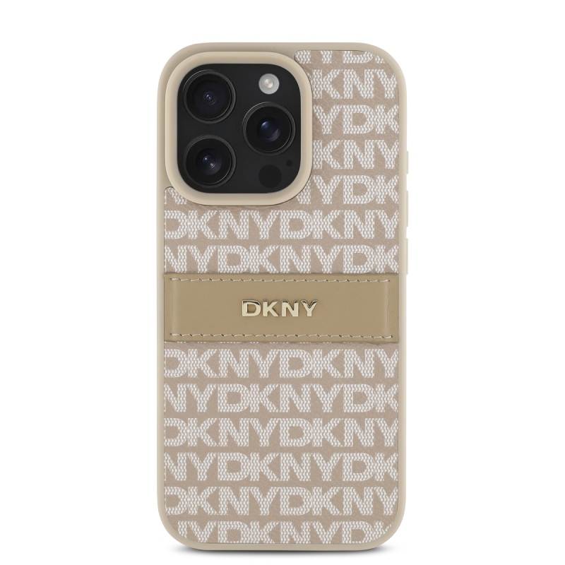 DKNY PU bőr ismétlődő mintás tonális csíkos hátsó borító iPhone 16 Pro Max rózsaszínhez
