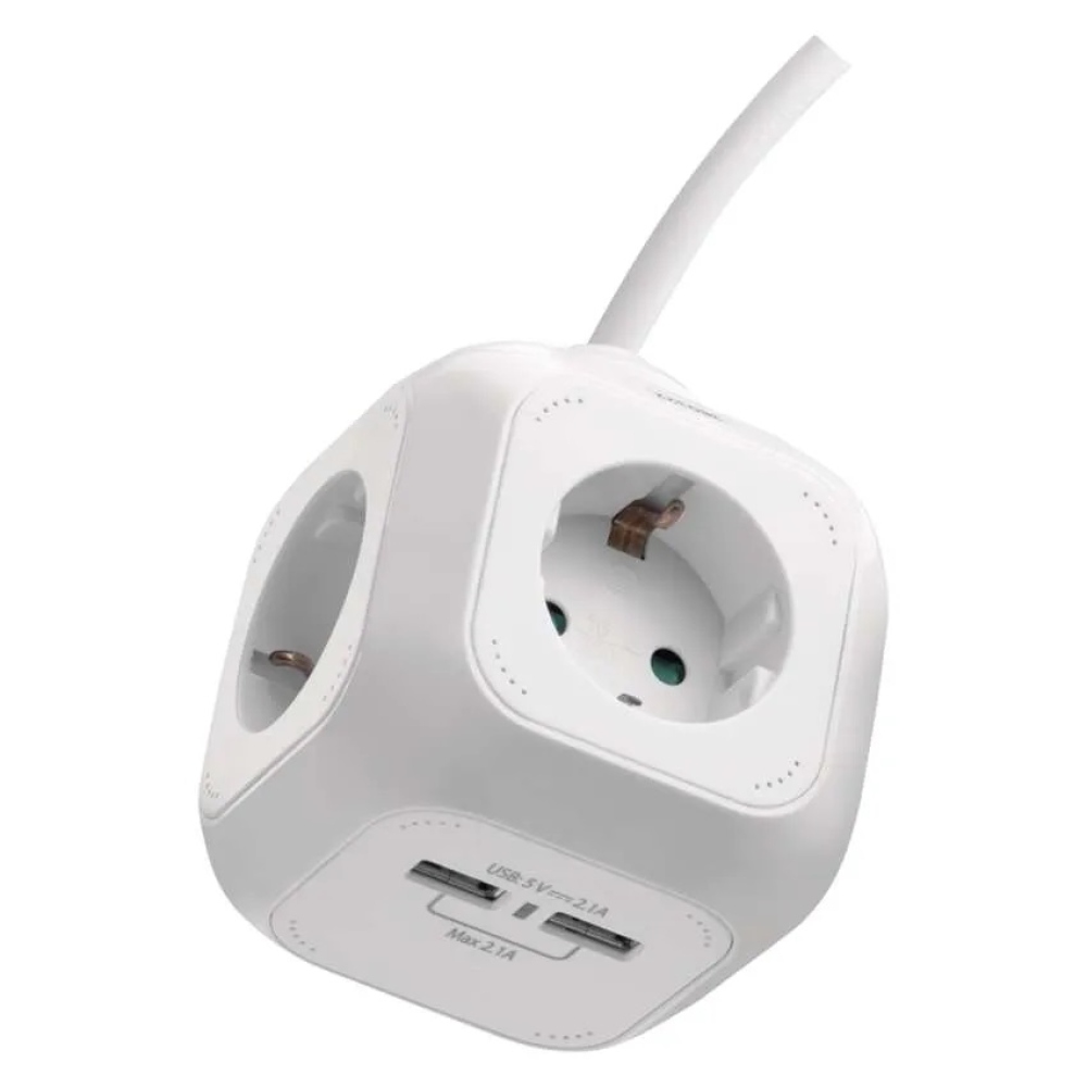 Hosszabbító kábel - kocka 1,9 m / 4 aljzat / fehér / PVC / USB-vel / 1,5 mm2