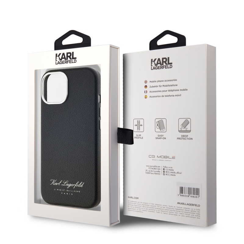 Karl Lagerfeld szemcsés PU Hotel RSG hátlap iPhone 15-hez Fekete
