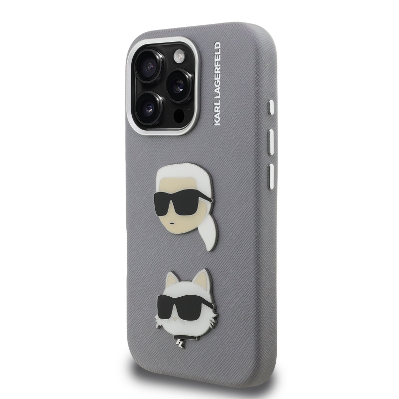 Karl Lagerfeld szemcsés PU K&CH Heads hátlap iPhone 16 Pro Max szürke számára