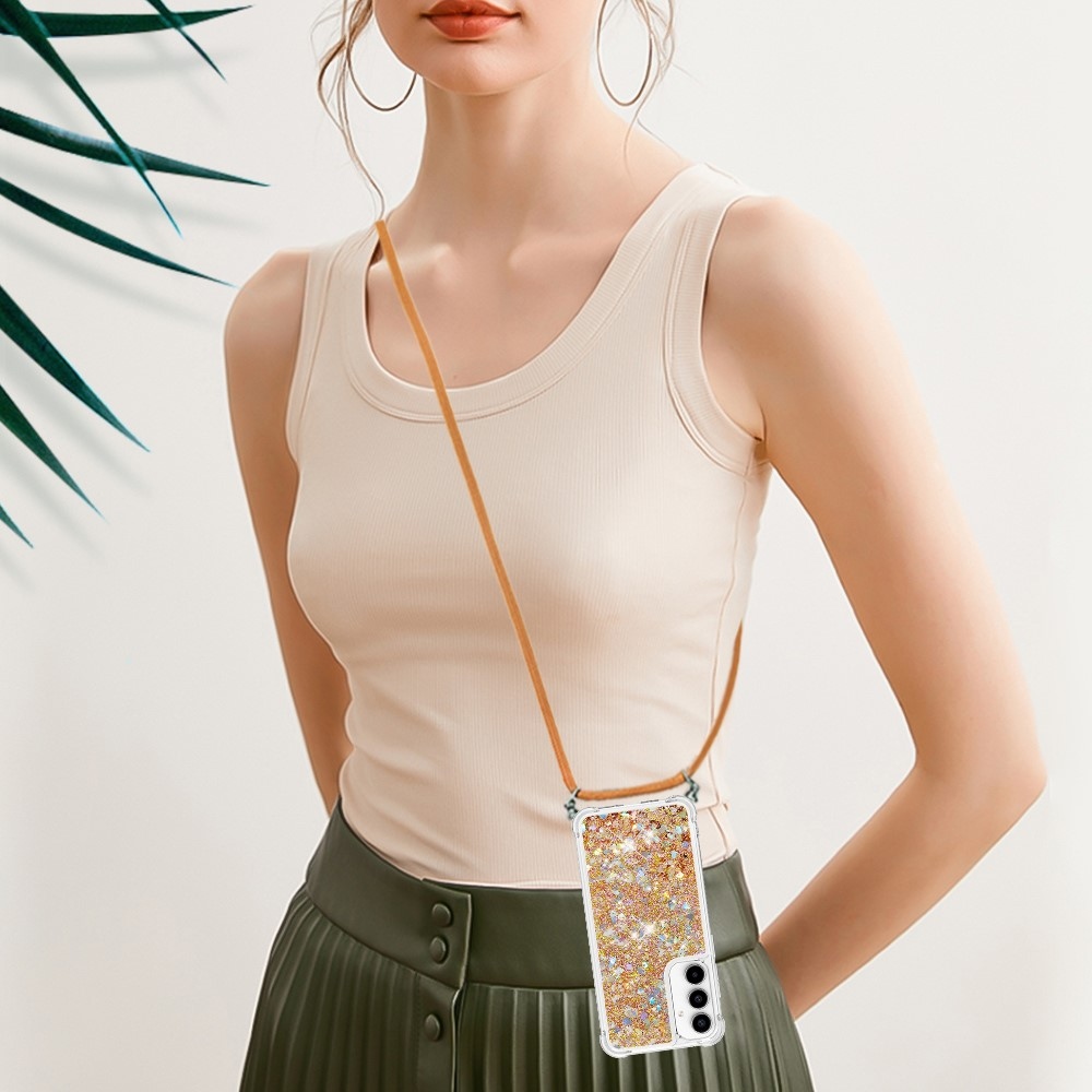 Csillogó homokóra zselés tok húzózsinórral Samsung Galaxy A56 5G - arany/szív