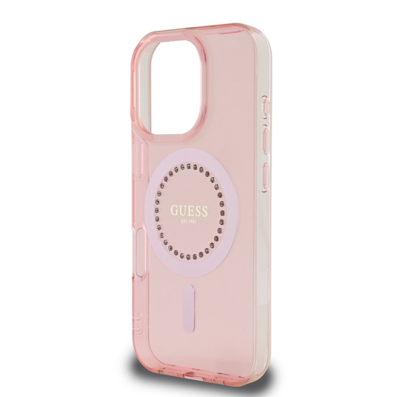 Guess IML strasszos gyűrű MagSafe hátlap iPhone 16 Pro rózsaszínű iPhone 16 Pro számára