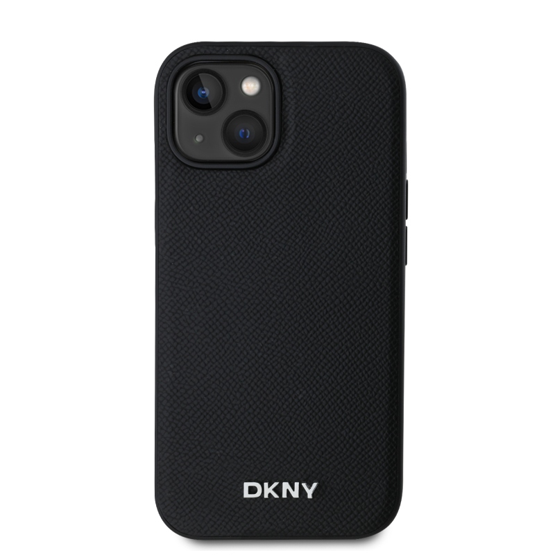 DKNY PU bőr ezüst fém logó Magsafe hátlap iPhone 14 Fekete
