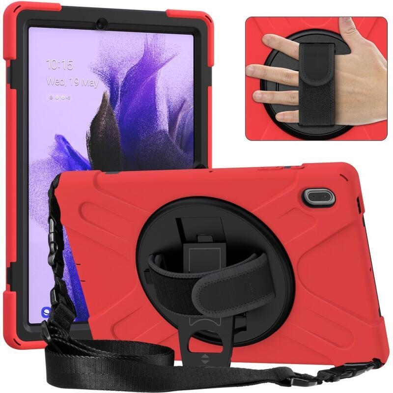 360 Tartós hibrid borítás szíjjal és kéztartóval Samsung Galaxy Tab S7 FE T736-hoz - Fekete/piros