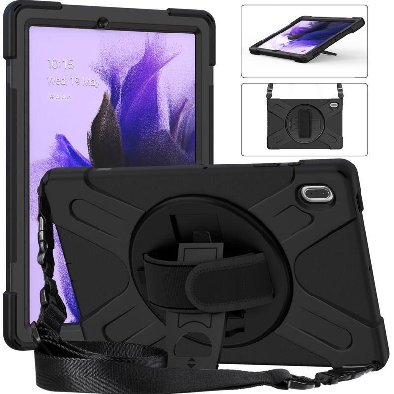 360 Tartós hibrid borítás szíjjal és kéztartóval Samsung Galaxy Tab S7 FE T736-hoz - Fekete