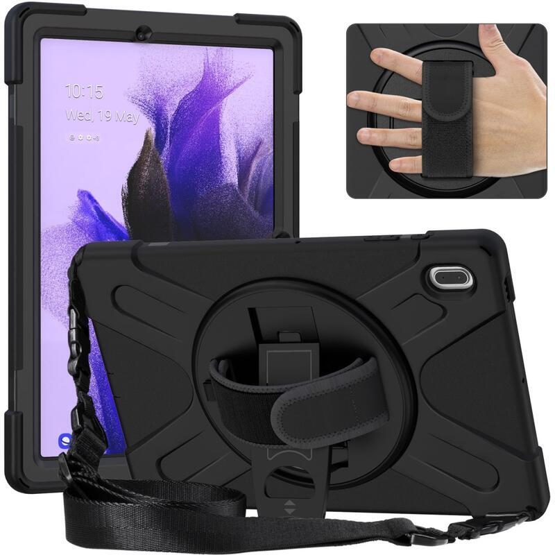 360 Tartós hibrid borítás szíjjal és kéztartóval Samsung Galaxy Tab S7 FE T736-hoz - Fekete