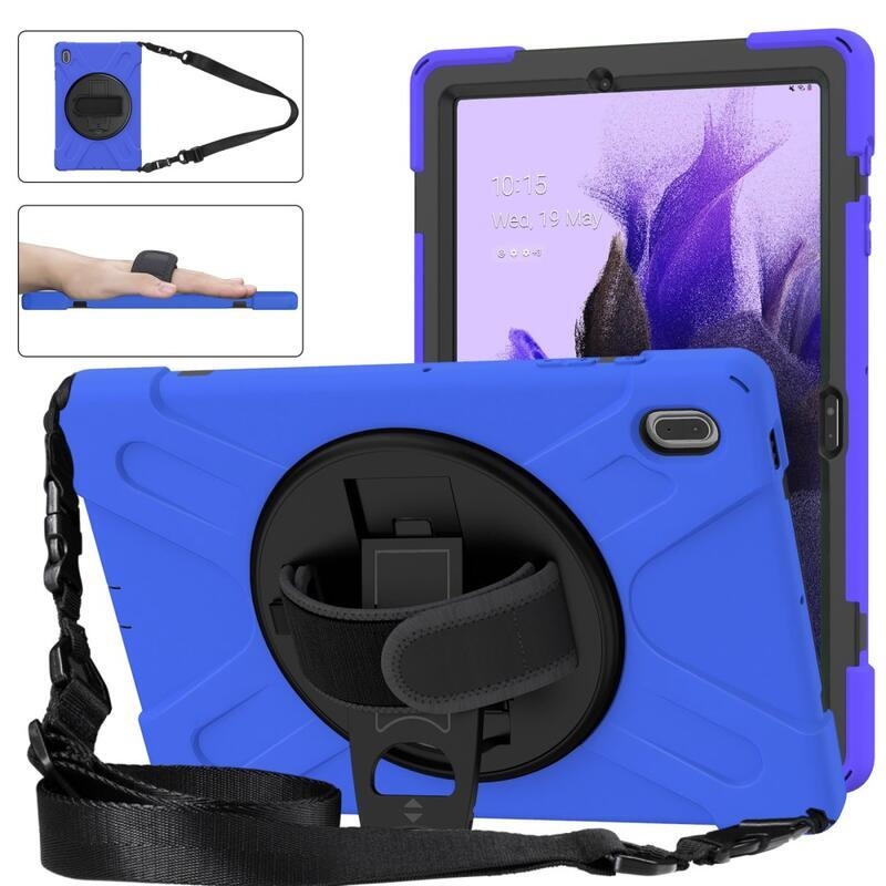 360 Tartós hibrid borítás szíjjal és kéztartóval Samsung Galaxy Tab S7 FE T736-hoz - Fekete/kék