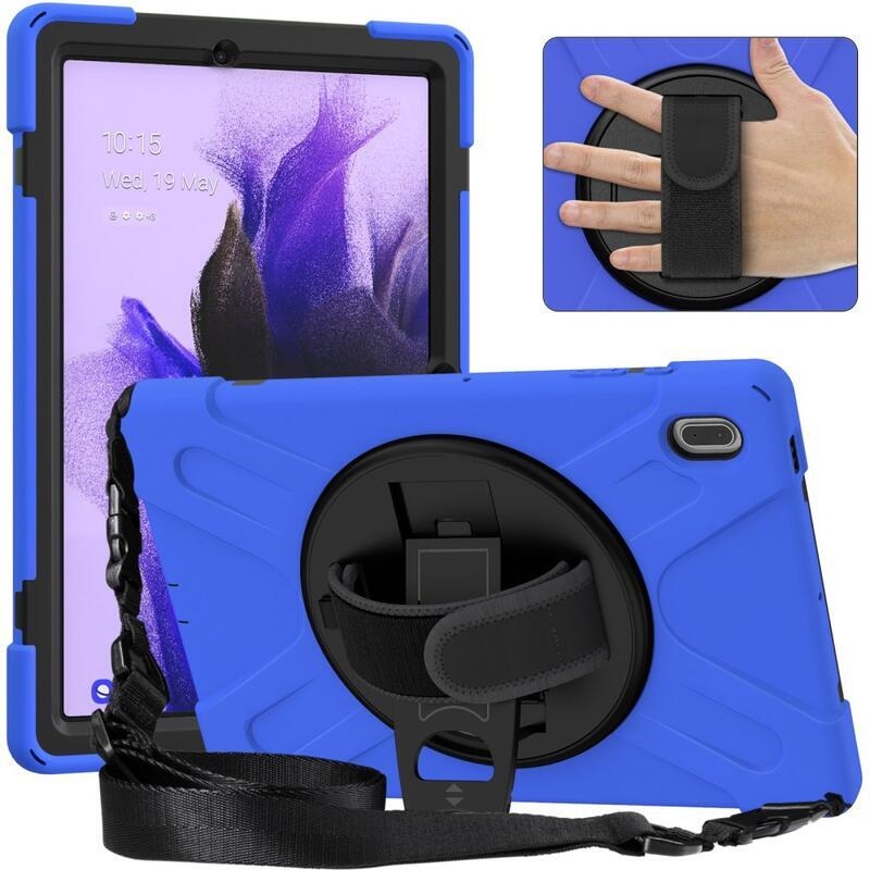 360 Tartós hibrid borítás szíjjal és kéztartóval Samsung Galaxy Tab S7 FE T736-hoz - Fekete/kék