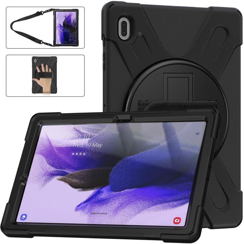 360 Tartós hibrid borítás szíjjal és kéztartóval Samsung Galaxy Tab S7 FE T736-hoz - Fekete