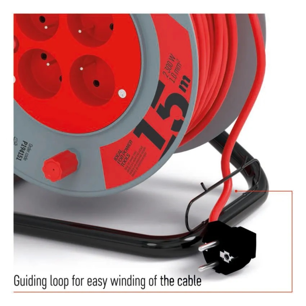 Hosszabbító kábel dobon 15 m / 4 aljzat / piros / PVC / 230 V / 1 mm2