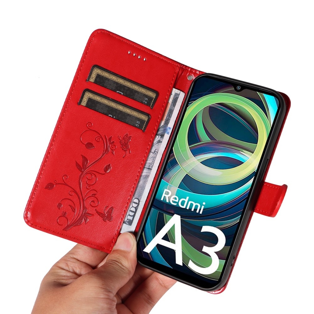 Virágok könyv tok Xiaomi Redmi A3-hoz - piros