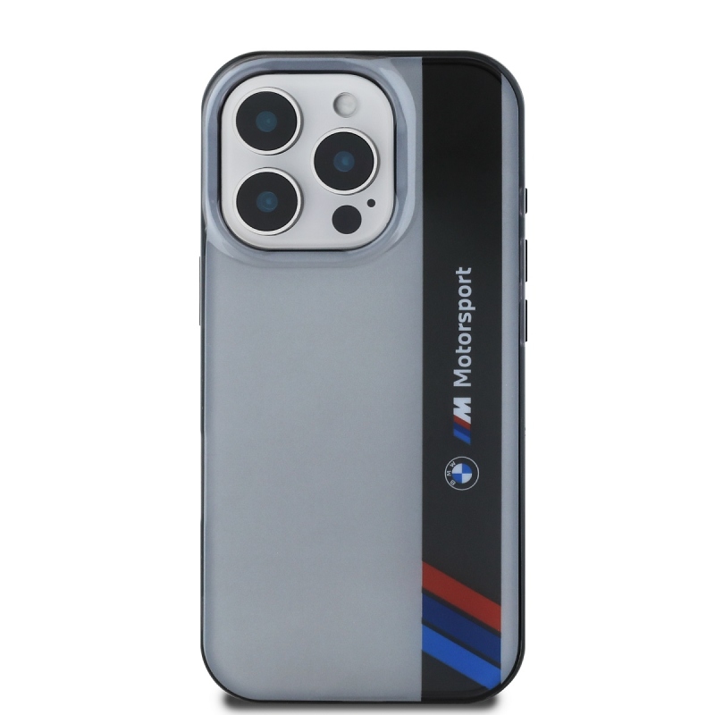 BMW IML Motorsport függőleges csíkos hátlap iPhone 16 Pro Max készülékhez Szürke