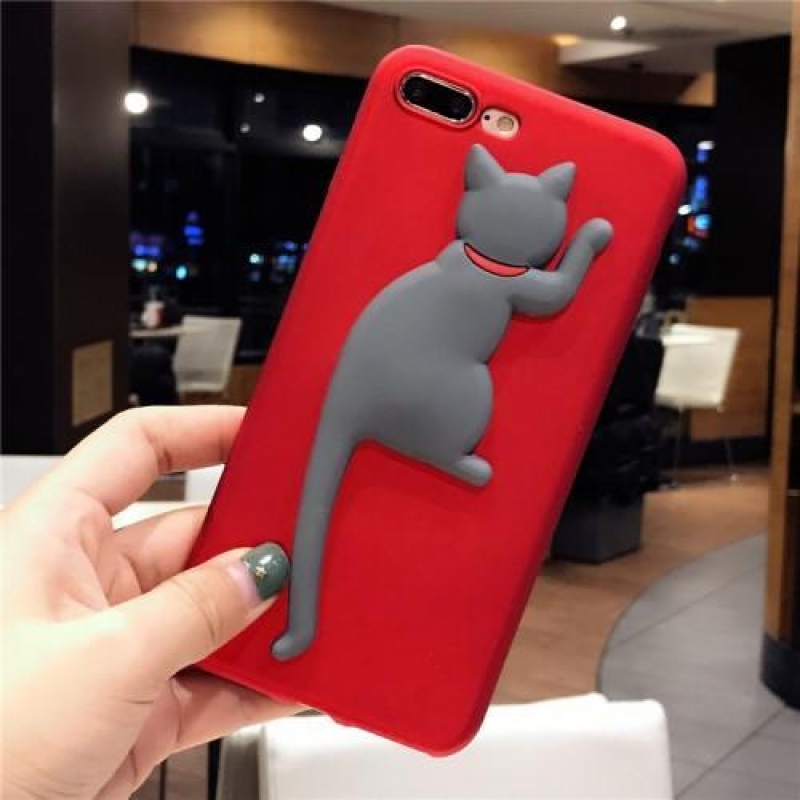 3D cica szilikon tok iPhone 7 és iPhone 8 készülékhez - piros/szürke