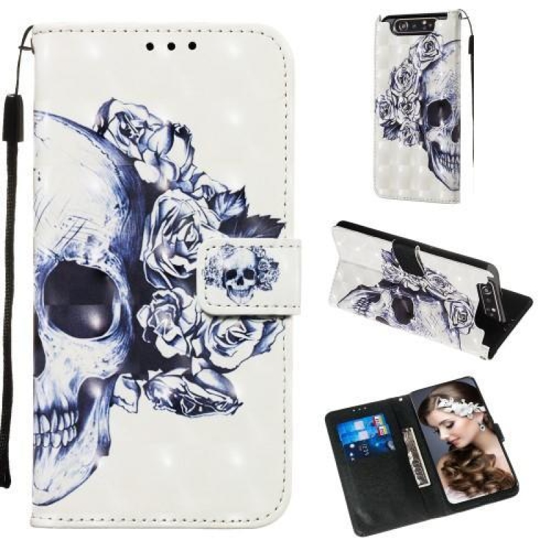 3D festés PU bőr tok Samsung Galaxy A80-hoz - koponya és virágok