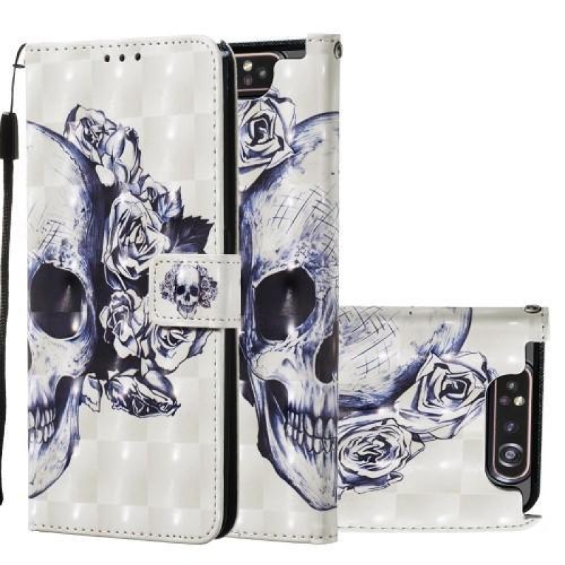 3D festés PU bőr tok Samsung Galaxy A80-hoz - koponya és virágok