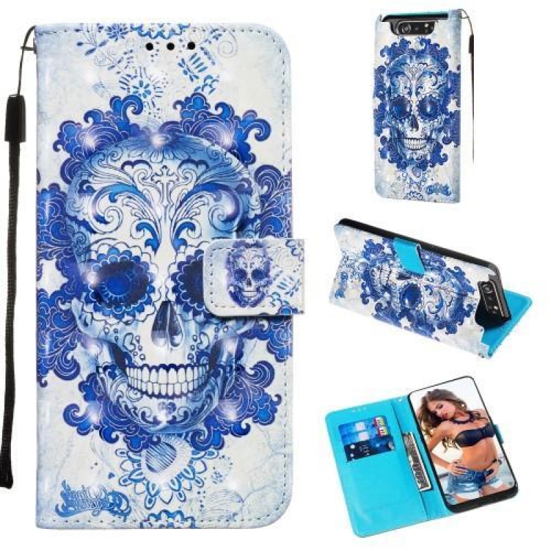 3D festés PU bőr tok Samsung Galaxy A80-hoz - kék koponya