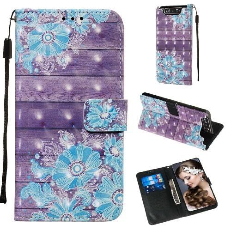 3D festés PU bőr tok Samsung Galaxy A80-hoz - kék virág