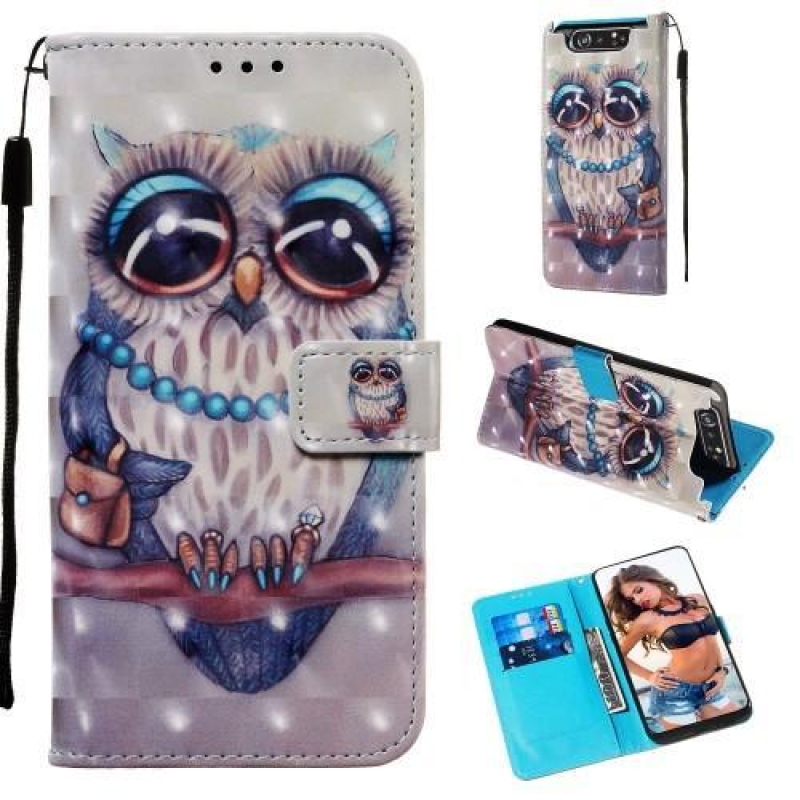3D festés PU bőr tok Samsung Galaxy A80-hoz - bagoly