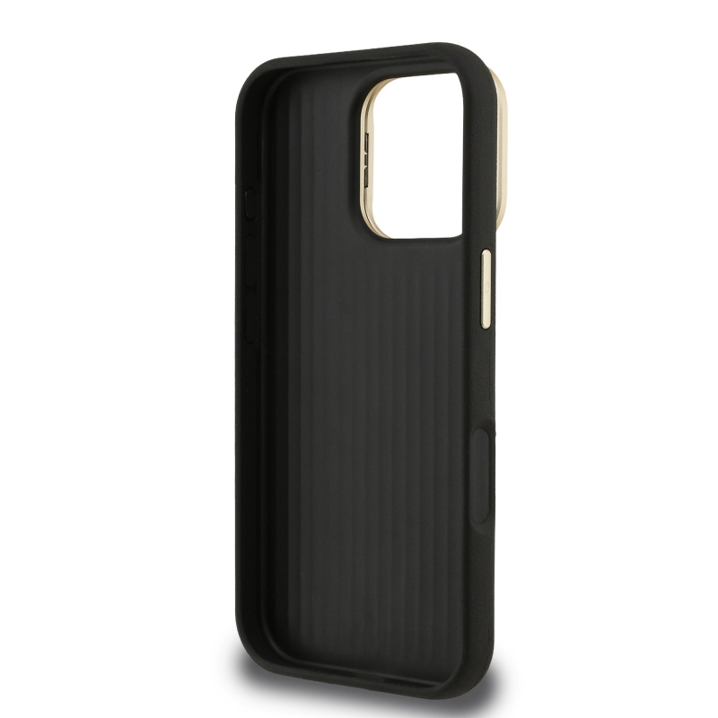 Guess PU szemcsés 4G Logo Stand Kamera keret hátlapi borító iPhone 16 Pro Max-hoz fekete