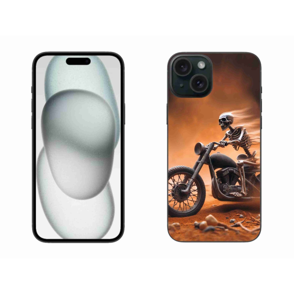 Zselés borítás mmCase iPhone 15 Plus készülékhez - csontváz egy motorkerékpáron