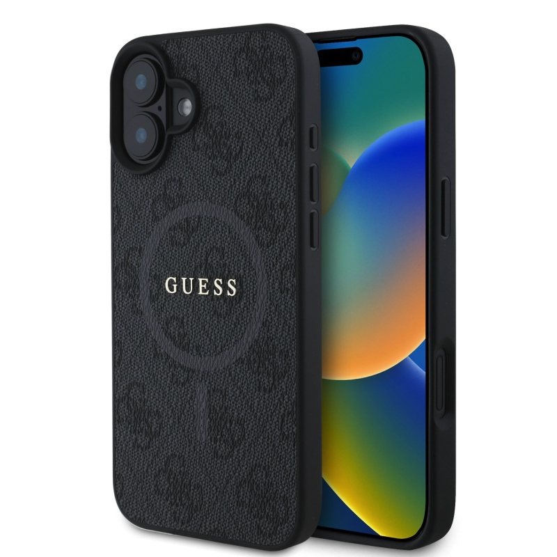 Guess PU bőr 4G színes gyűrűs MagSafe hátlap iPhone 16-hoz Fekete