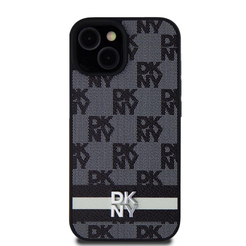 DKNY PU bőr kockás mintás és csíkos hátlapi borító iPhone 15-hez Fekete
