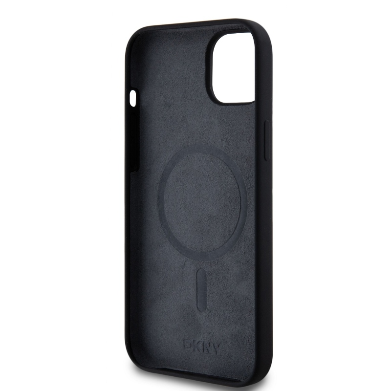 DKNY Liquid Silicone Arch Logo MagSafe hátlapi borító iPhone 15 Plus-hoz Fekete