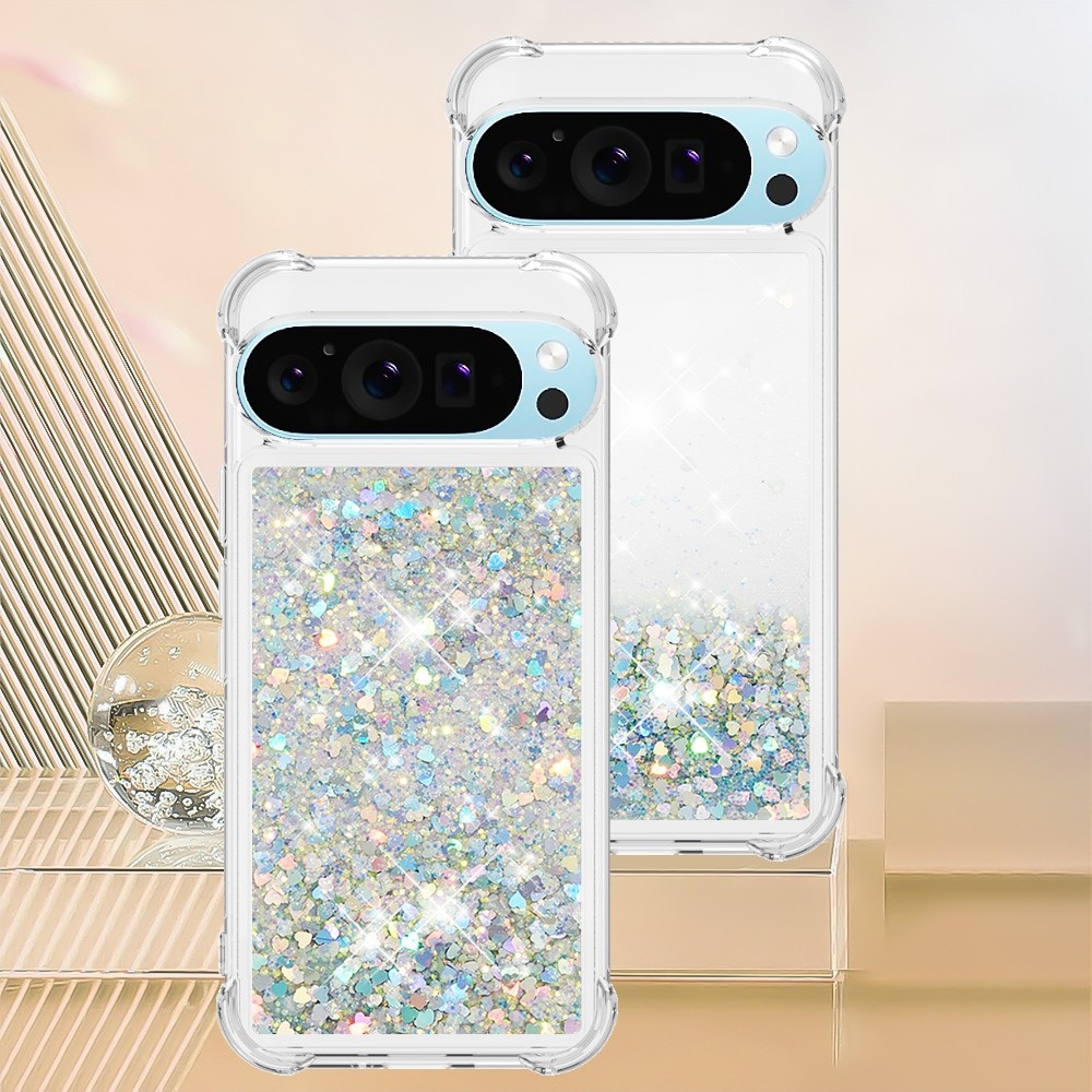 Csillogó homokóra zselés tok Google Pixel 10 Pro/Pixel 10 készülékhez - ezüst/szív