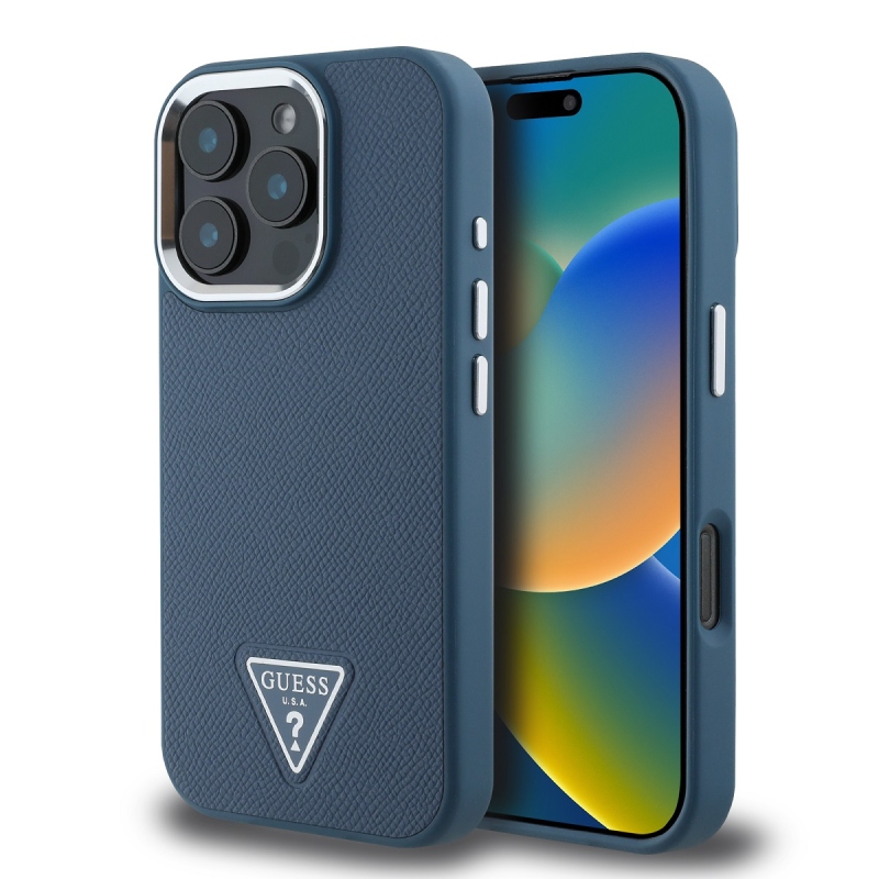 Guess PU szemcsés, háromszög alakú logós hátlap iPhone 16 Pro Max-hoz Kék