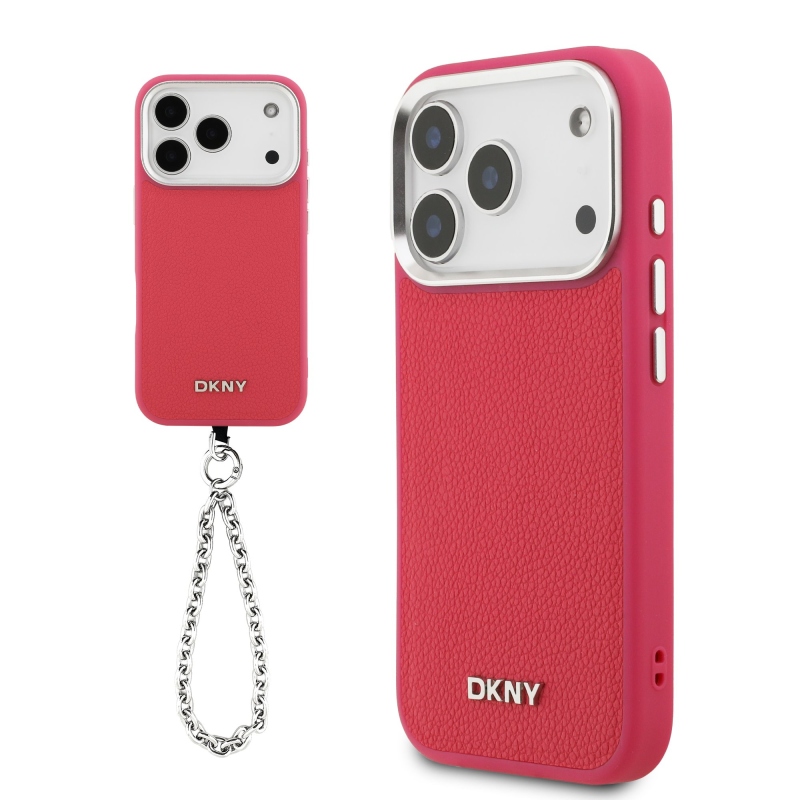 DKNY PU bőr fém logós csuklólánc MagSafe hátlap iPhone 17 Pro rózsaszínhez