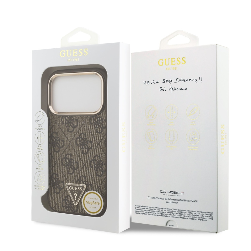 Guess PU bőr 4G Strass háromszög logó arany keret MagSafe hátlap iPhone 17 Pro barna 17 Pro barna