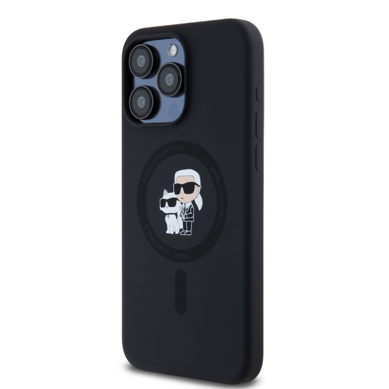 Karl Lagerfeld Folyékony szilikon Karl és Choupette Magsafe hátlap iPhone 15 Pro Max-hoz Fekete